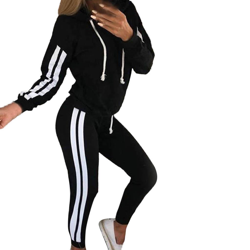Fashion Women Casual Stripe Hooded Long Sleeve Pullove Sport Tops+Long Pants Set