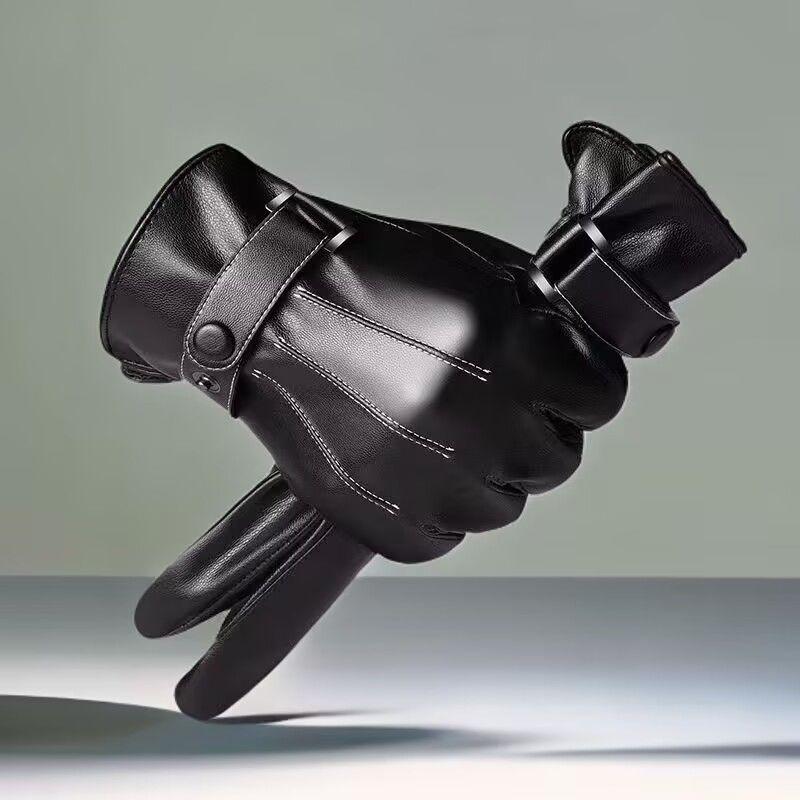 Мужские зимние кожаные велосипедные перчатки с сенсорным экраном - Ветрозащитные, водонепроницаемые и с бархатной подкладкой для тепла.