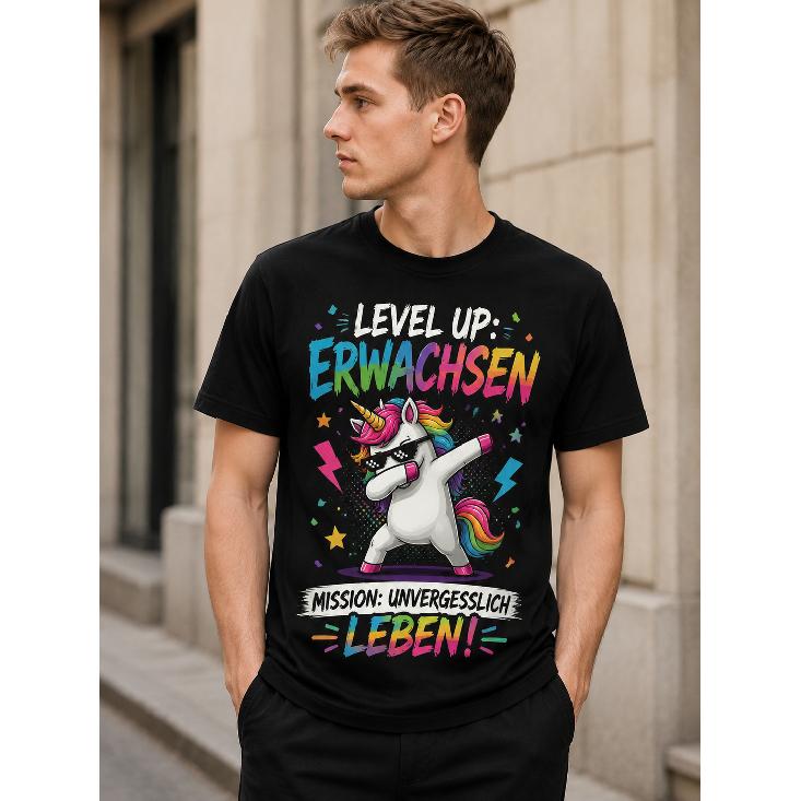 Men's Black Short Sleeve T-Shirt with Colorful Dabbing Unicorn Graphic, Crew Neck, Soft Cotton Feel, Fun Party Birthday Gift Tee for Adults