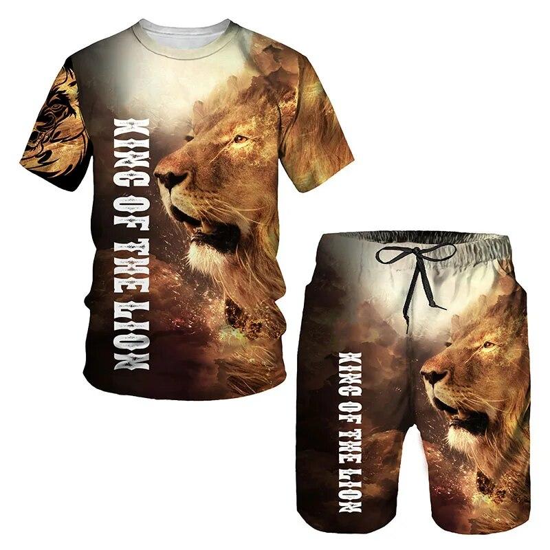 Футболки с 3D принтом льва и шорты, комплекты мужских спортивных костюмов, модная футболка большого размера с короткими рукавами, комплект брюк, мужские костюмы, одежда