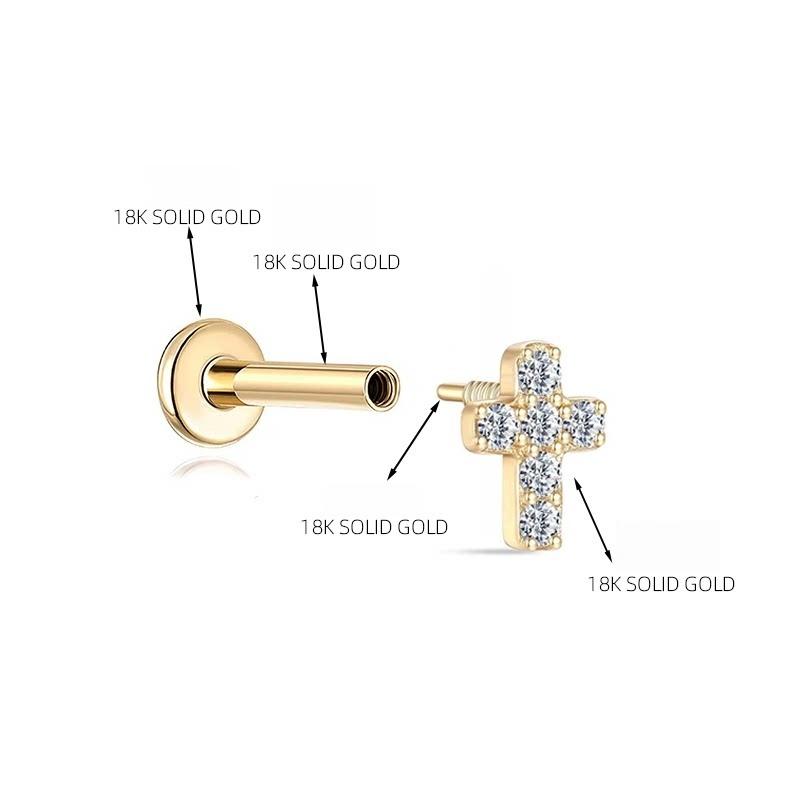 Серьги-гвоздики для хряща с внутренней резьбой, крест, Solid 18K Gold, AU750, инкрустированные бриллиантами, роскошные украшения для пирсинга