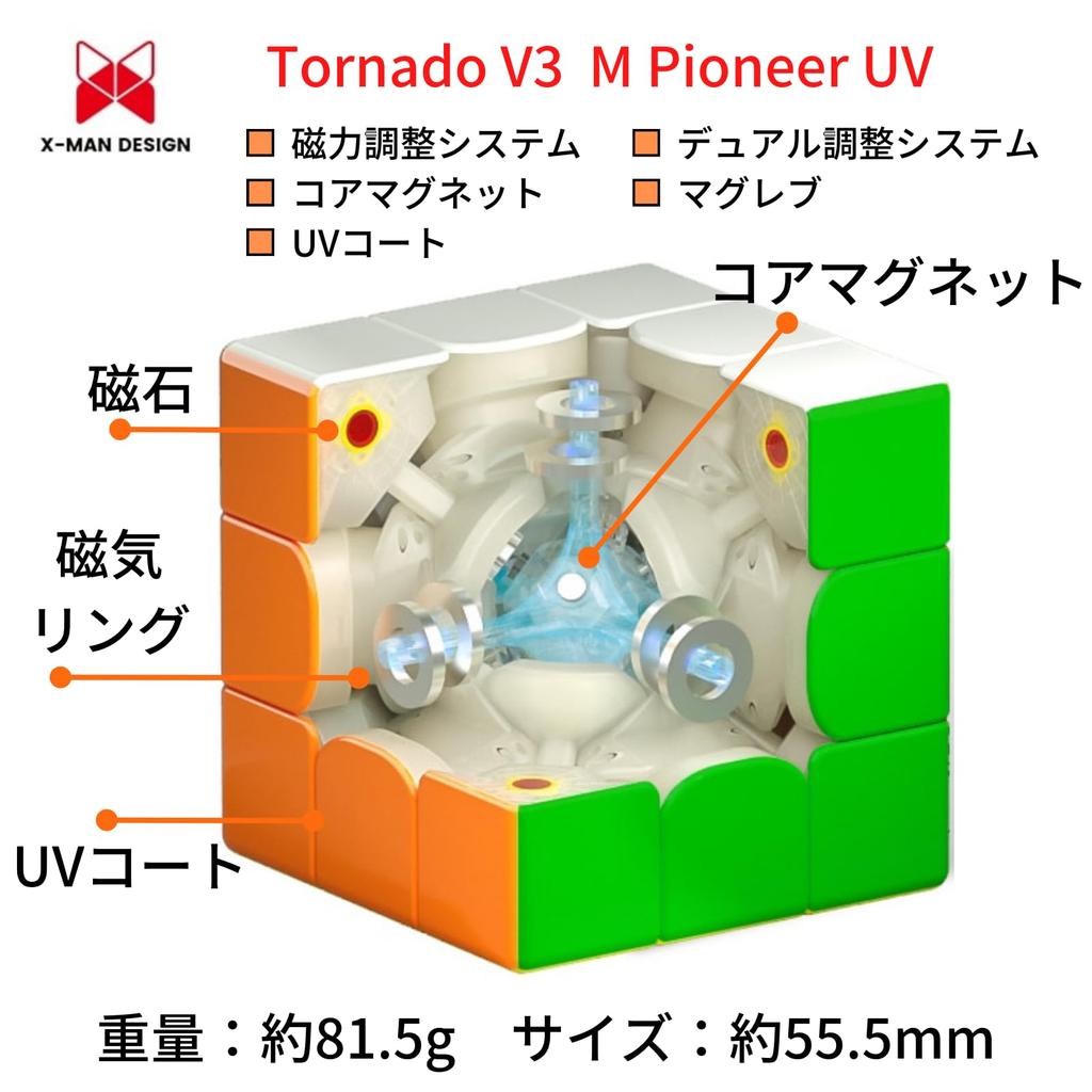 Tornado V3 M Pioneer UV Coated [Includes Japanese Adjustment Instructions & Japanese 6-Side Solution Instructions & Stand] 3x3 Cube, X-Man Design,