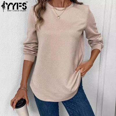 Женские модные повседневные весенне-осенние однотонные блузки и рубашки с круглым вырезом и длинными рукавами с принтом