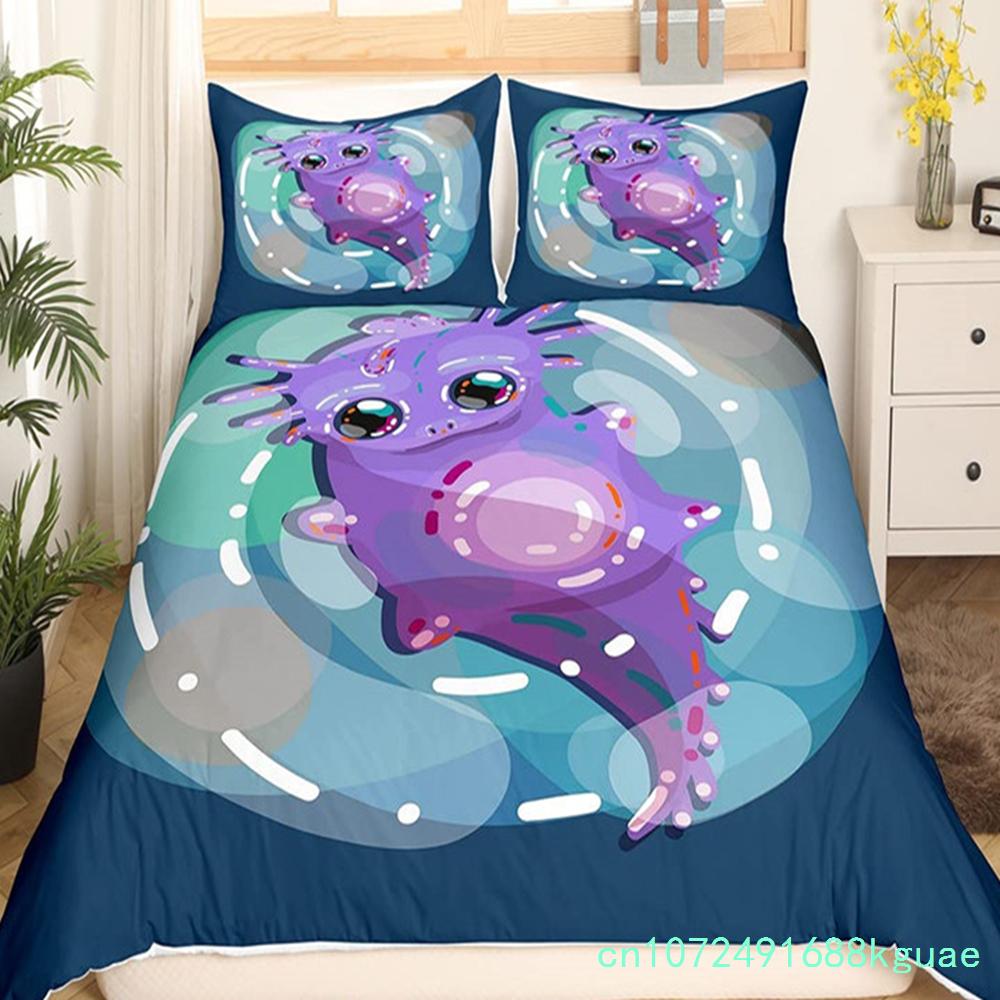 Комплект постельного белья Kawaii Axolotl Queen для девочек, мальчиков, подростков, милый мультяшный рептилии, животное, пододеяльник, галактика, звездное небо, одеяло, чехол