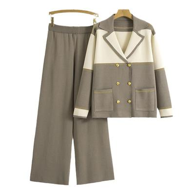 Женский костюм больших размеров с воротником-стойкой, осенний новый двубортный трикотажный топ, широкие брюки, костюм из двух частей