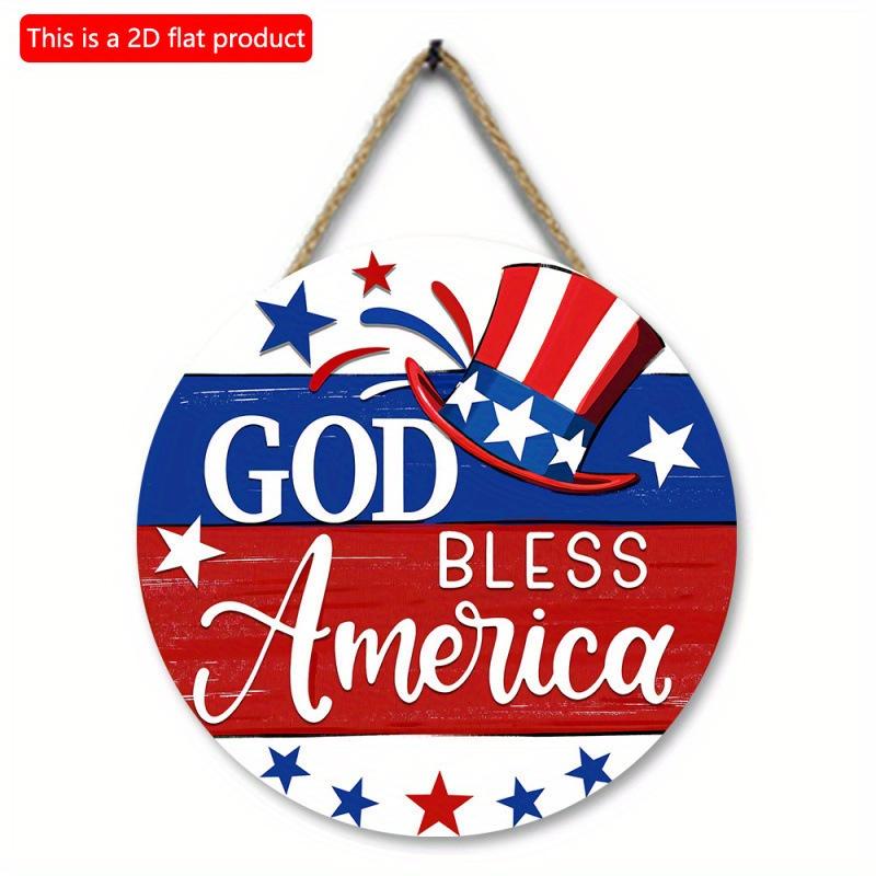 2D Flat 20cm1pc God Bless American Sign USA Flag Cap&Stars Patterns Round Wooden Pendant, Celebrate Independence Day Party Decoration Wood Crafted Art