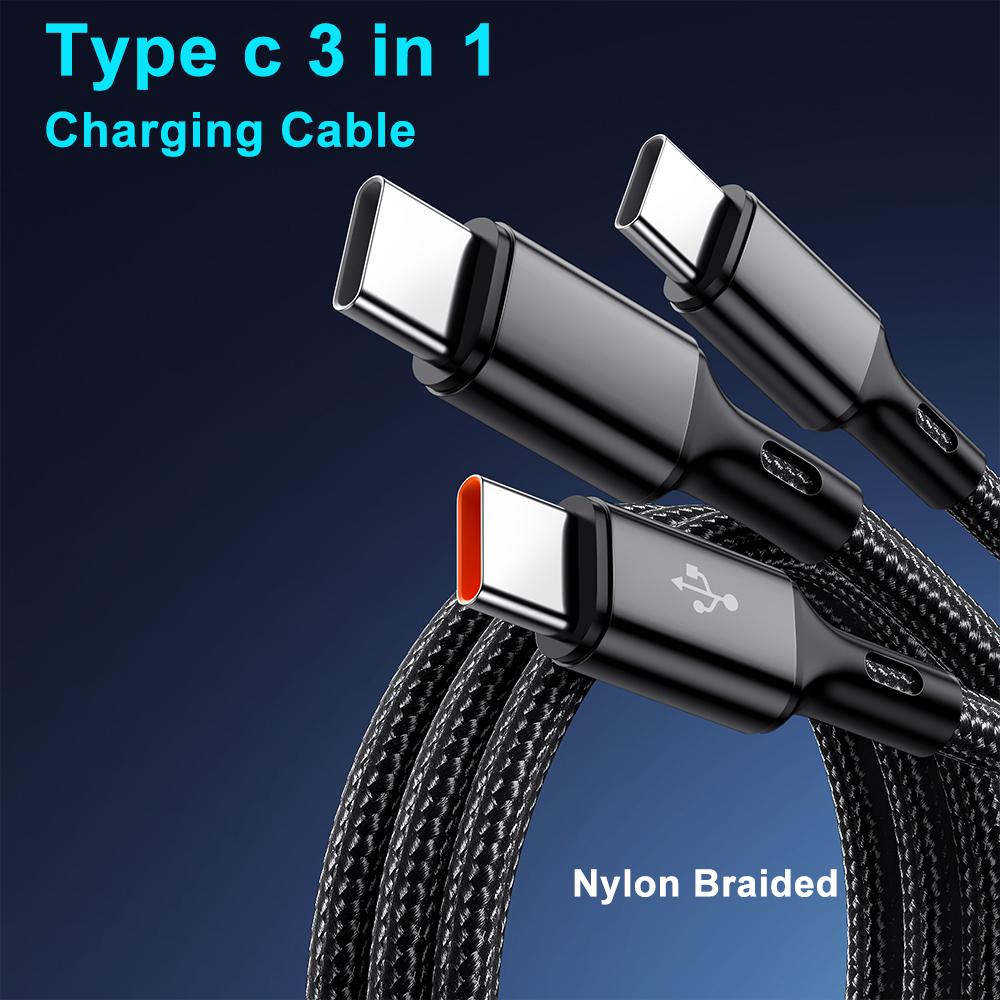 100W 3 in 1 USB to 3×Type-C Cable Phones Fast Charging Data Cable 1.2m/0.2m Extension Cord USB C PD High-Speed Data Transmission