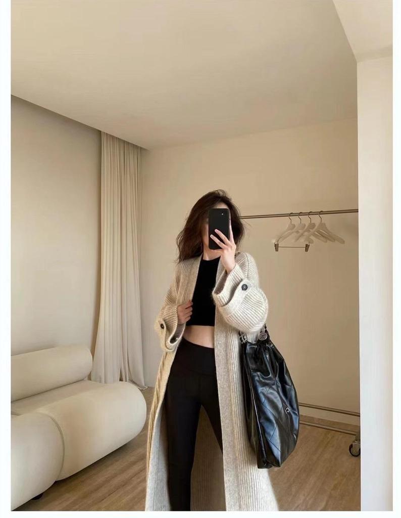 Женский кардиган тонкой вязки с V-образным вырезом на осень 2025 года - Уютное, свободное пальто-свитер длиной до колена