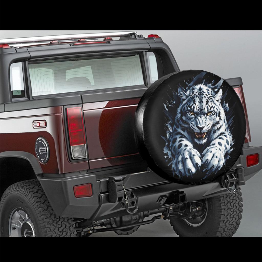 Fierce Snow Leopard Spare Tire Cover Protective Polyester Water Resistant SUV Accessory