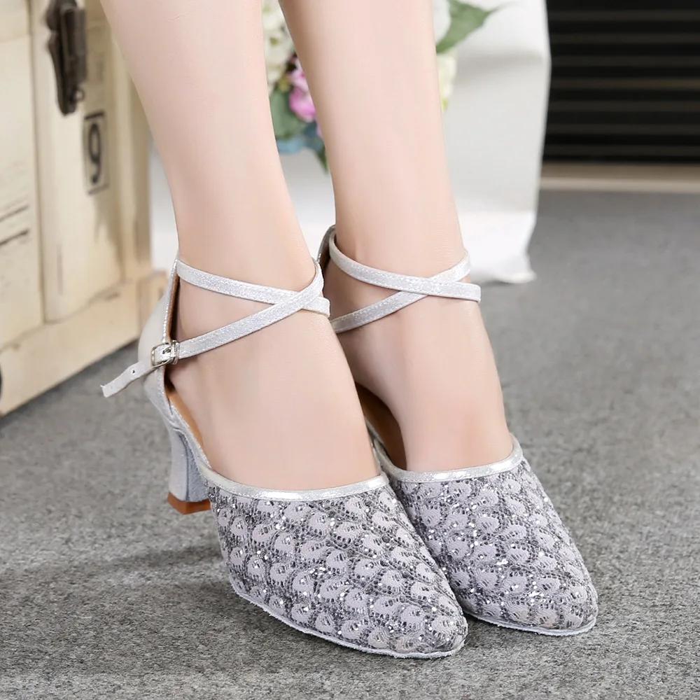 Модные туфли для современных танцев для женщин, туфли для латиноамериканских танцев с верхом из сетки с блестками, подошвой из мягкой замши и высокими каблуками, черные туфли