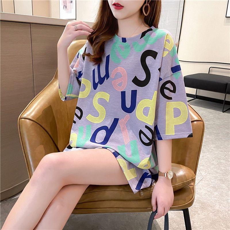 Лето 2024 г., женская футболка большого размера в корейском стиле с буквенным принтом и графикой y2k, топы, длинная футболка Harajuku, подруга, каваи, одежда, уличная одежда