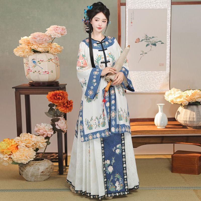 Восстановленный национальный костюм в китайском стиле династии Цин, топ с круглым вырезом, юбка с принтом в стиле ретро, ​​женский костюм