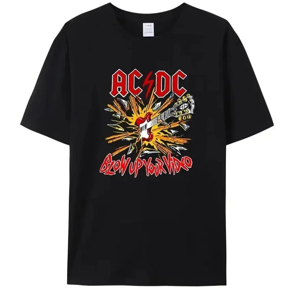 Retro Men's AC-DC Printed Black Cotton Shirt Men's Comfortable Casual Street Popular Hell's Bell T-shirt Man Clothes Top Tees