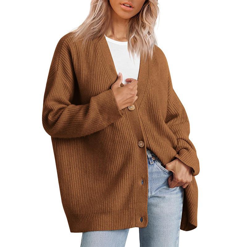 Women’s Casual Solid Knitted Cardigan Sweater V-neck Long Sleeve Button Down Warm Sweater for Lady Soft Comfortable Warm Simple Sweater