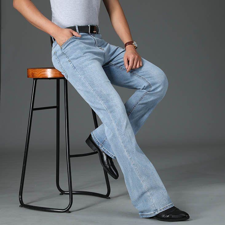 New Men's Business Casual Pants Male Mid Waist Elastic Slim Boot Cut Semi-Flared Four Seasons Bell Bottom Jeans 28-40