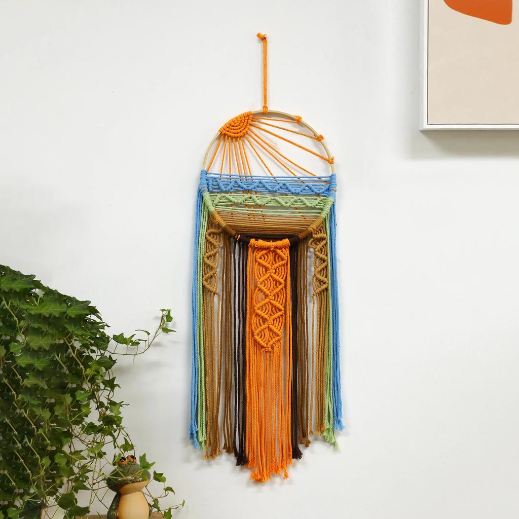 Ловец снов в технике макраме с изображением восхода и заката солнца, настенный декор, настенное искусство, ловцы снов в стиле бохо для спальни, гостиной, детской комнаты