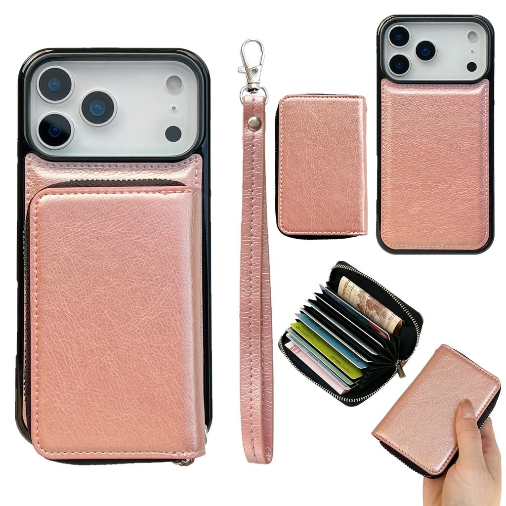 For iPhone 17 Pro Case Detachable Zipper Card Bag PU TPU Kickstand Phone Case with Strap