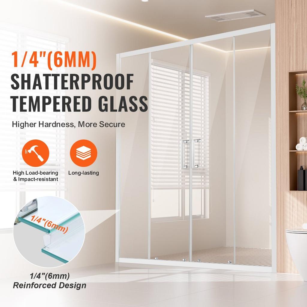 Semi-frameless Double Sliding Shower Door SGCC Tempered Glass 1/4" Chrome
