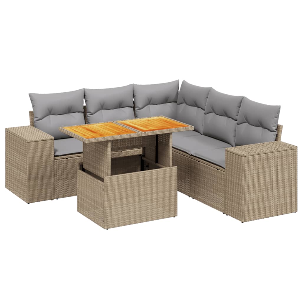 6 piece Garden Sofa Set with Cushions Beige Poly Rattan