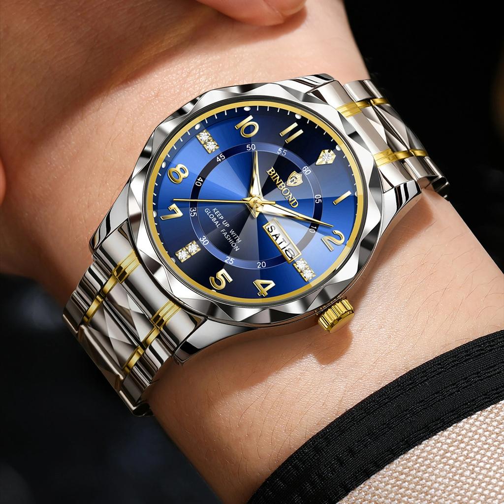 BINBOND Luxury Men Quartz Watch Waterproof Date Week Luminous Wristwatch Stainless Steel Men's Watches Male Clock