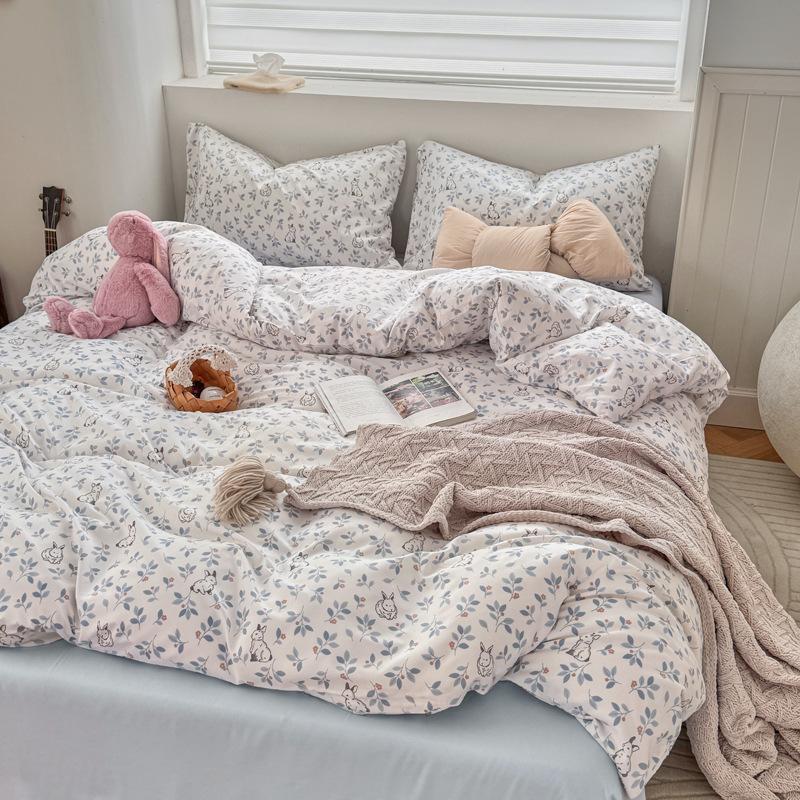 Постельное белье Набор из четырех предметов Приятный к коже Дышащий и Удобный, Мелкий цветочный Стиранные простыни Пододеяльники Наволочки