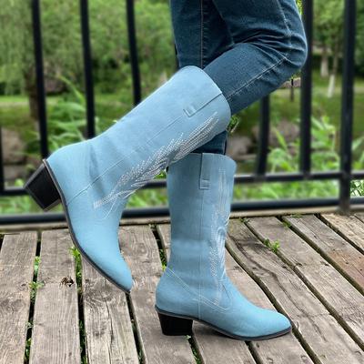 Модные натуральные вышитые женские сапоги из кожи с острым носком и шипами на каблуке-шпильке, осенне-зимние сапоги в ковбойском стиле, новые, в стиле вестерн, ретро, размер 36-43