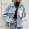 Осень-зима Женская куртка однобортная на пуговицах утолщенный кардиган свободный с длинными рукавами отложной воротник нагрудные карманы верхняя одежда пальто