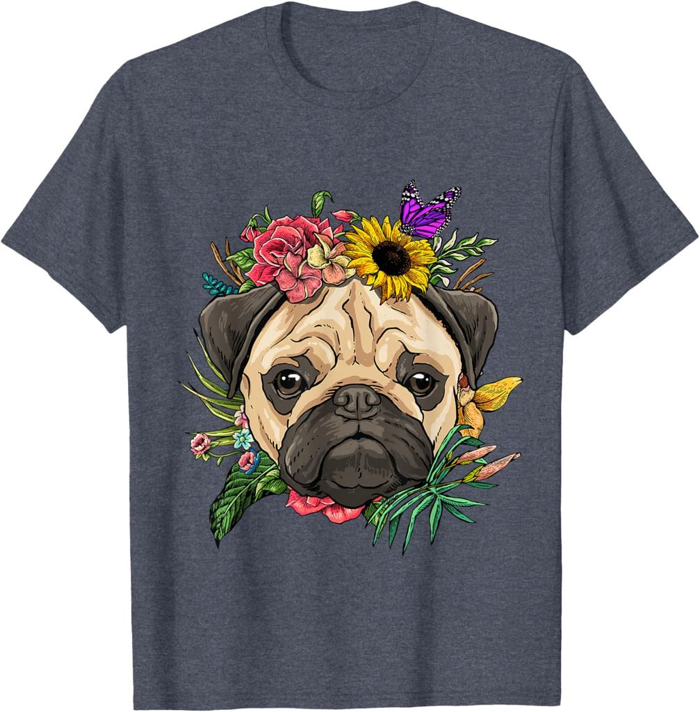 Pug Face Flower Crown Butterfly Graphic Tee Soft Cotton Casual Trip T-Shirt