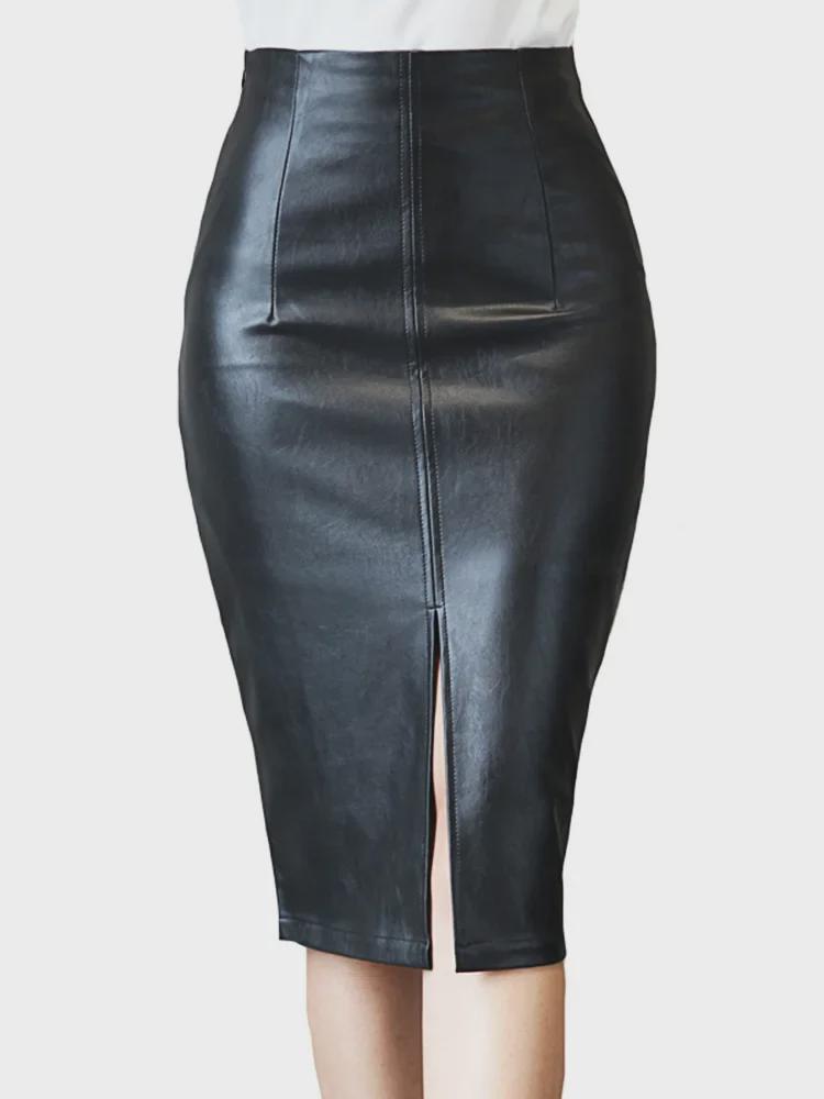 Черная юбка с высокой талией из искусственной кожи с разрезом в европейском и американском стиле 2020 г.
