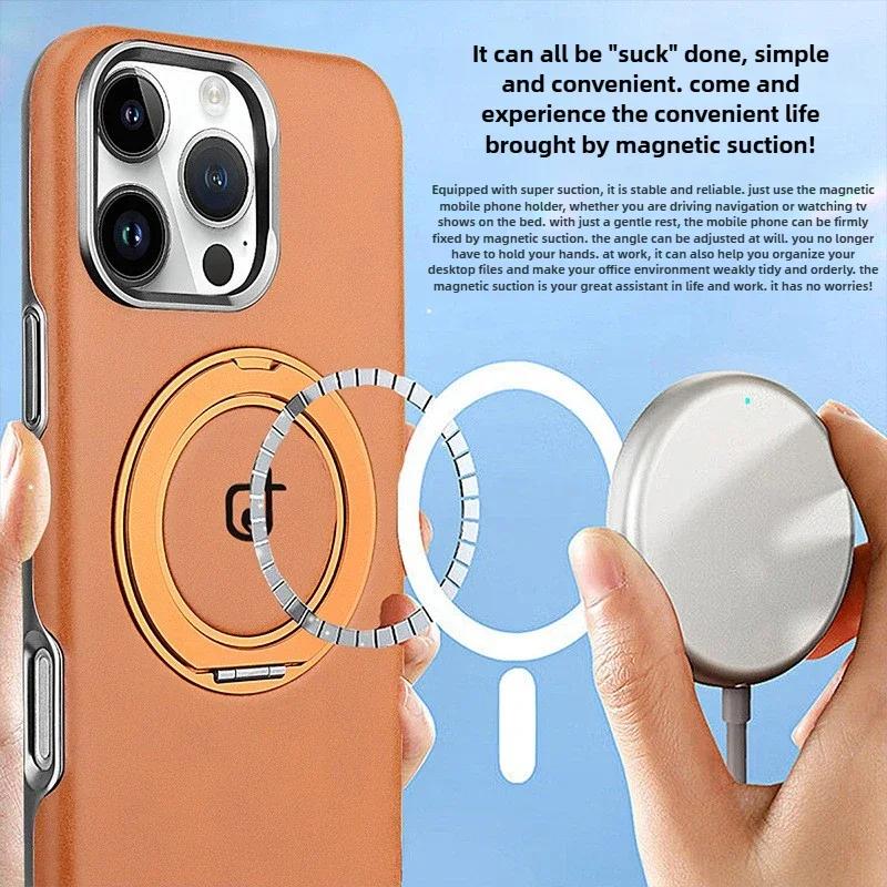 360° Вращающаяся подставка-кольцо Кожаный чехол для IPhone 18 Pro Max 17 Air 16 Pro 15 Plus 14 13 12 Магнитный кронштейн для зарядки Чехол для телефона