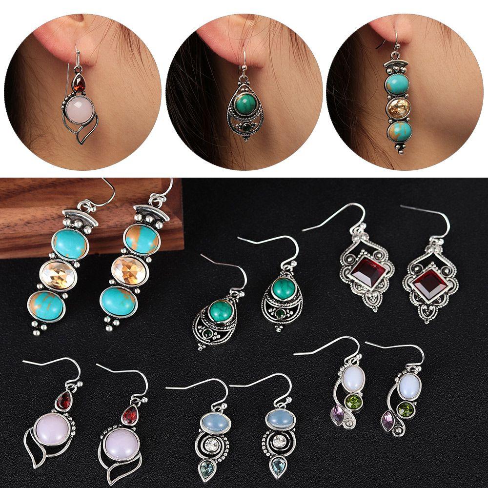 1Pair Chic Dangle Hook Vintage Jewelry Multi-Gemstone Ear Stud Moonstone Earrings Turquoise Amethyst