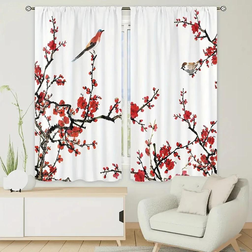 2pcs Japanese Cherry Blossom Moon Minimalist Curtains for Living Room Bedroom Modern Window Decor