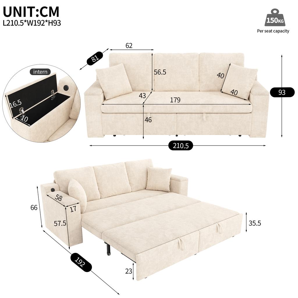 3-in-1 Multifunctional 3-Seater Sofa with Sleep Function, Pull-Out Metal Frame, Storage, Armrest Tray and USB Charging Port, Beige[old sku:N653P2570A]