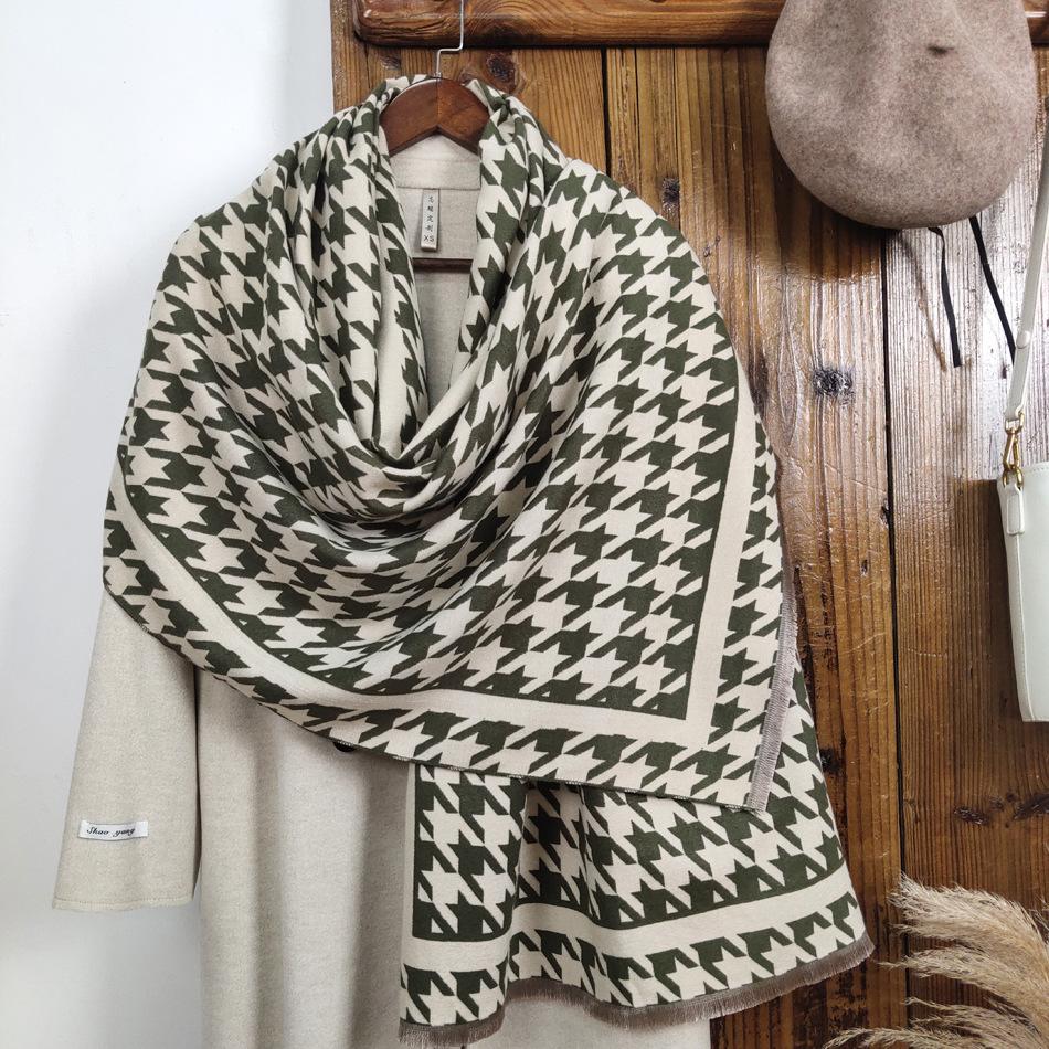 Women's winter scarf, versatile and high-end, made of faux cashmere, double-sided houndstooth pattern, thickened for warmth and protection from the