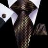 Hi-Tie Dark Gold Plaid Jacquard Mens Silk Tie Classic Necktie Cufflink Hanky Set