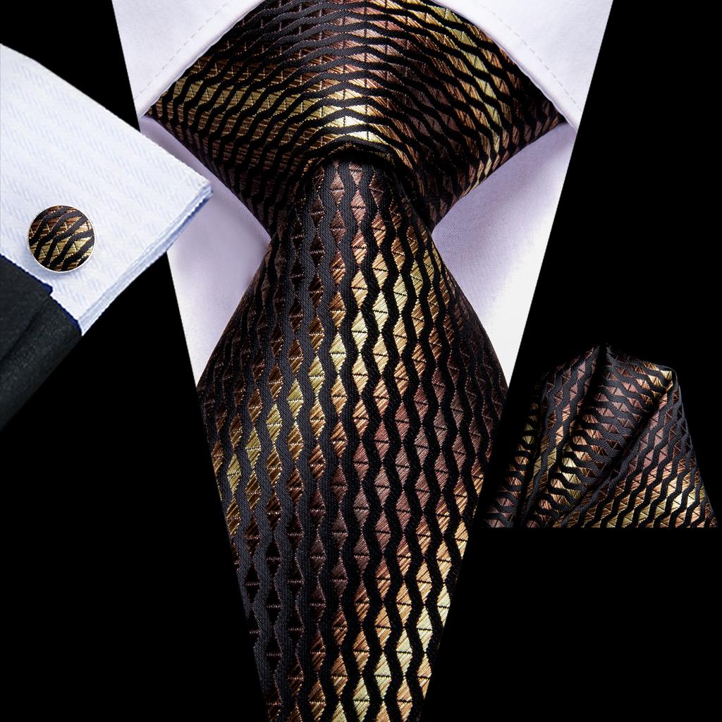 Hi-Tie Dark Gold Plaid Jacquard Mens Silk Tie Classic Necktie Cufflink Hanky Set