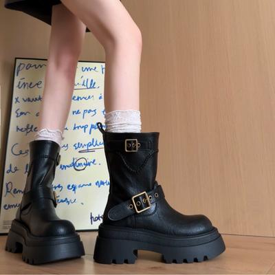 Черные короткие ботинки женские толстый каблук осень новые ретро ботинки с напуском маленькая толстая подошва средняя голень рыцарские ботинки