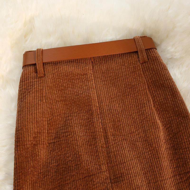 Осенне-зимняя женская юбка до пояса, вельветовая ретро-юбка с открытой вилкой в длинной части упаковки с высокой талией, хип-юбка для отправки ремня