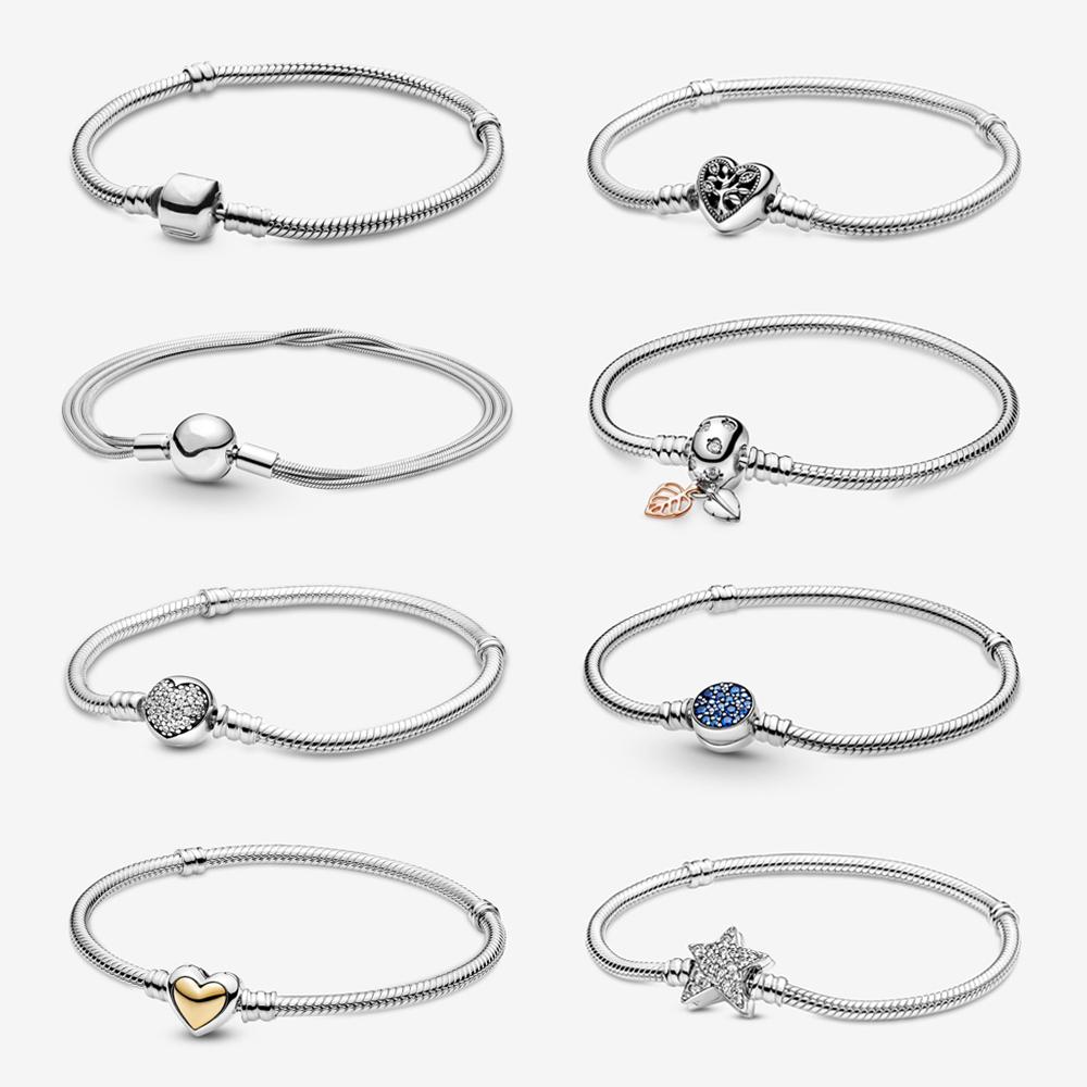 Original 925 Sterling Silver Bracelet Star Heart Clasp Snake Chain Rose Gold DIY Beads Charms Bracelets Bangles Luxury Jewelry