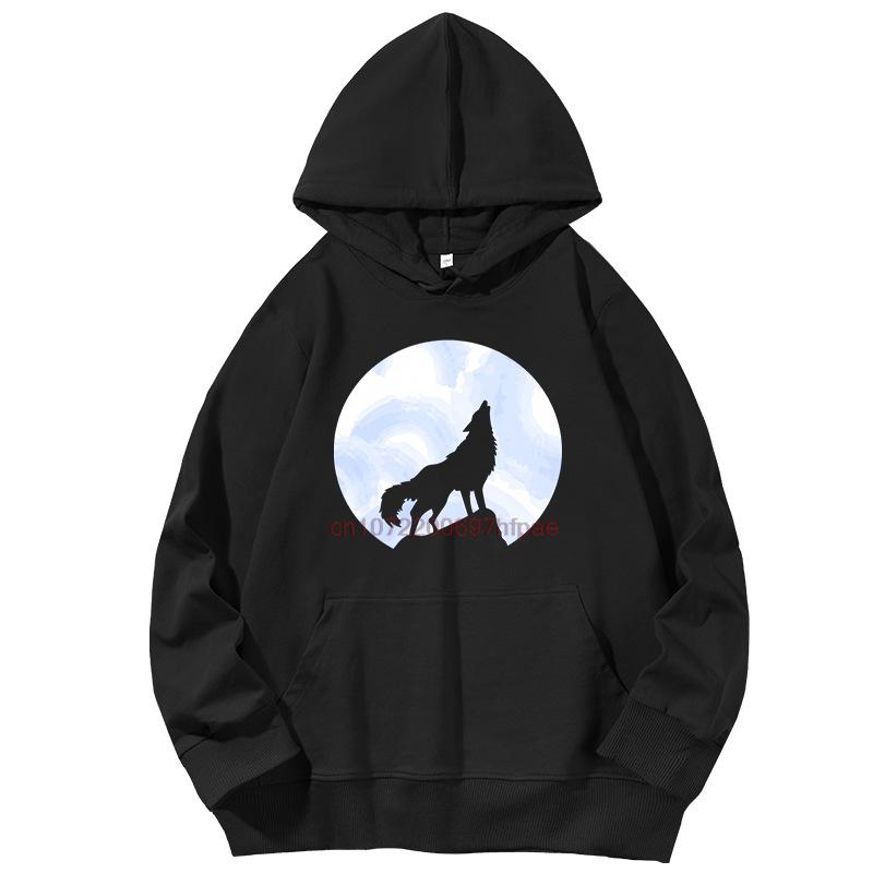 Howling Wolf At Blue Moon Funny Graphic Hooded Sweatshirts Cotton Pullover Hoodies Spring Autumn Fashion Sports Sweatshirt