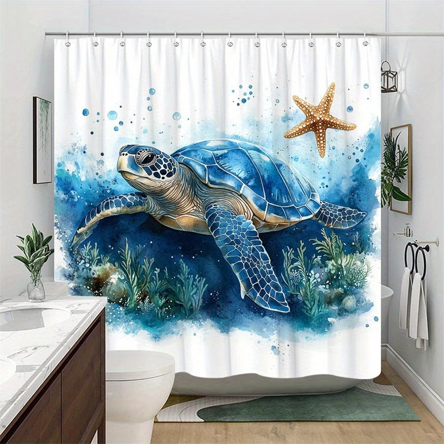 1 Piece Watercolor Blue Turtle Shower Curtain, Polyester Fabric, Machine Washable, Suitable For Bathroom Decoration