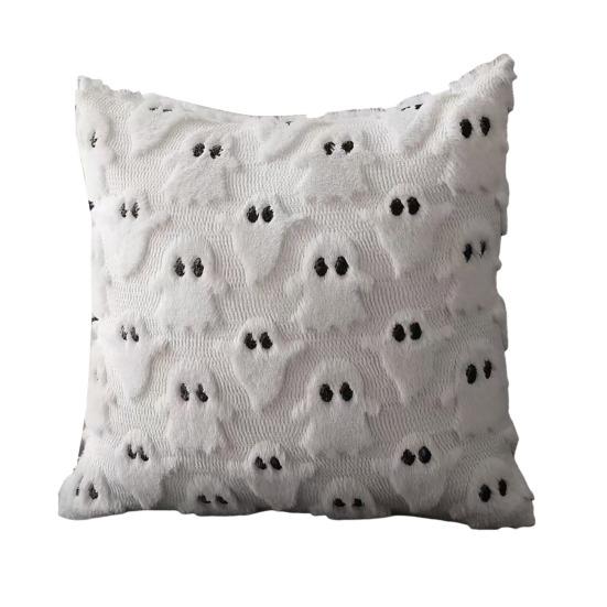 Halloween Decorative Pillow Cover Soft Plush Throw Cushion Case with 3D Embroidered Ghost Pumpkin Design for Couch Sofa Bedroom