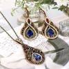 Gold Color Women Long Hook Dangle Earring Water Drop Pendant Necklace Jewelry Sets Antique Resin Ethnic Bijoux