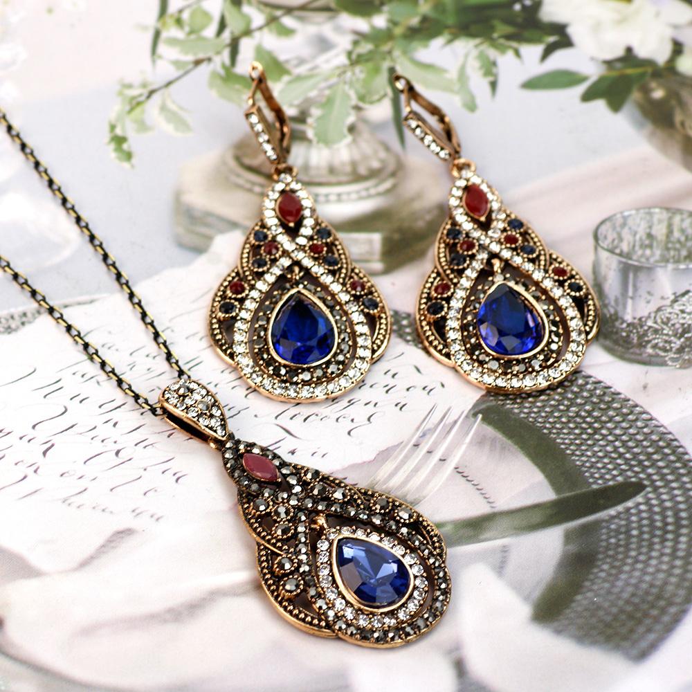 Gold Color Women Long Hook Dangle Earring Water Drop Pendant Necklace Jewelry Sets Antique Resin Ethnic Bijoux