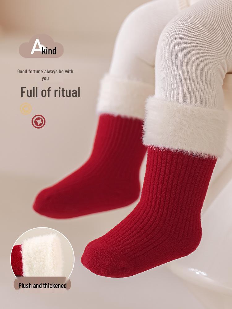 Autumn Winter Thick Warm Cotton Baby Socks for Infants & Toddlers - Big Red, Mid-Calf, Perfect for New Year and First Birthdays
