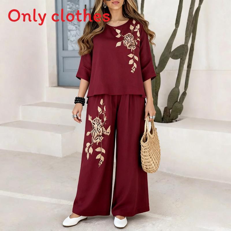 Vintage Plant Embroidery Cotton Linen Casual Pants Set For Women Summer Streetwear