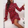 Women Summer Floral Sleeve Dress Casual Party Wear Slim Stand Collar Ruffled Edge Wrap Hip Skirt