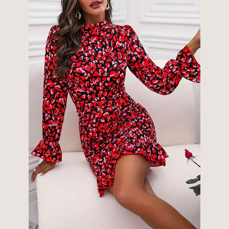 Women Summer Floral Sleeve Dress Casual Party Wear Slim Stand Collar Ruffled Edge Wrap Hip Skirt