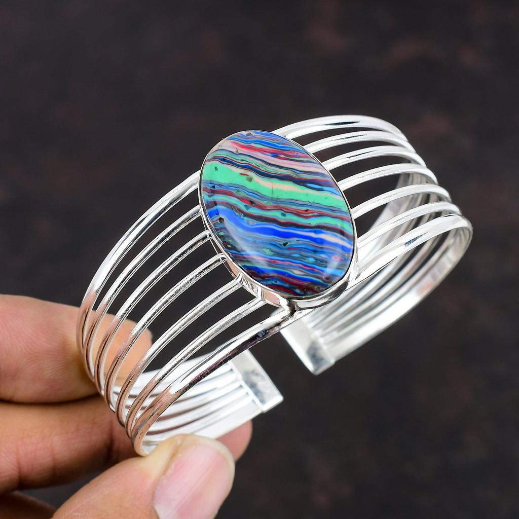 Rainbow Calsilica Bangle Handmade Gemstone Cuff Bracelet 925 Sterling Silver Bangle Adjustable Cuff Bracelet Dainty Jewelry Engagement Gifts