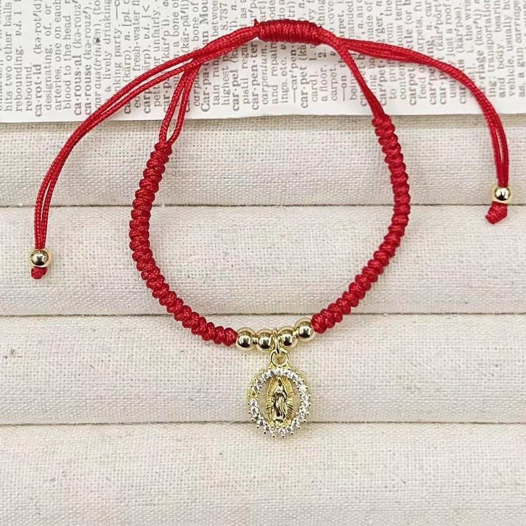 Adjustable Red Braided String Bracelet Virgin Mary Guadalupe Saint Benedict Cross Medal Religious Protection Jewelry